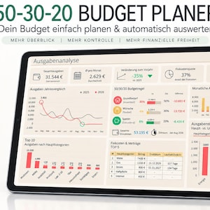 Könnte beinhalten: Ein digitales Tablet mit einem 50-30-20 Budgetplaner-Dashboard, das verschiedene Finanzdiagramme, Grafiken und Tabellen zeigt. Der Bildschirm präsentiert eine Ausgabenanalyse für August 2026 mit Kategorien für Grundbedarf, Wünsche und Sparen sowie Excel-Icons.