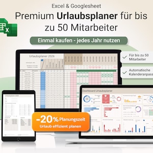 Urlaubsplaner Excel 2026 | Mitarbeiter Urlaubsplanung mit Dashboard, Feiertagen & Abwesenheiten | Personalplanung Vorlage