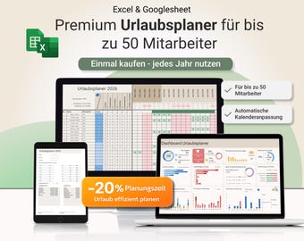 Urlaubsplaner Excel 2026 | Mitarbeiter Urlaubsplanung mit Dashboard, Feiertagen & Abwesenheiten | Personalplanung Vorlage