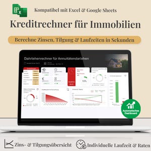 May include: A laptop screen shows a real estate loan calculator interface. The display features charts, graphs, and data related to interest, amortization, and loan terms. Text includes "Kreditrechner für Immobilien" and "Berechne Zinsen, Tilgung & Laufzeiten in Sekunden."