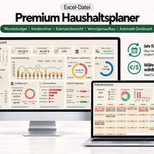 Op de afbeelding: Een digitale Excel-huishoudplanner weergegeven op een desktopmonitor en een laptopscherm. De interface bevat een hoofddashboard met financiële grafieken, budgettracking, een kalender en spaardoelen, met tekst in het Duits in de interface.