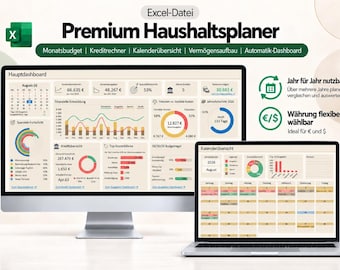 Planificador de presupuesto premium para Excel | Presupuesto familiar | Planificador de presupuesto (alemán) | Planificador financiero | Ingresos y gastos | Registro de gastos | Planificador de ahorros
