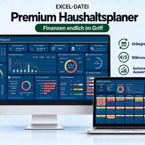 Puede incluir: Un archivo Excel digital para un planificador doméstico premium mostrado en un monitor de escritorio y una computadora portátil. La interfaz presenta paneles financieros, gráficos, calendarios y herramientas de presupuesto con texto en alemán.