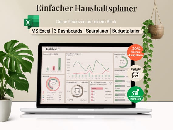 Excel Haushaltsplan | Budgetplaner & Haushaltsbuch | Finanzplaner Vorlage | Einnahmen Ausgaben | Sparzielplaner Excel