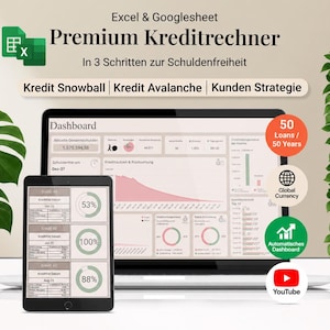 Könnte beinhalten: Ein digitales Kreditrechner-Dashboard auf einem Laptop- und Tablet-Bildschirm. Die Benutzeroberfläche enthält Text wie Premium Kreditrechner, Kredit Snowball, Kredit Avalanche und Kunden Strategie sowie Diagramme, Fortschrittskreise und Datentabellen.