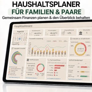 Könnte beinhalten: Ein digitaler Haushaltsplaner auf einem Tablet-Bildschirm mit dem Text HAUSHALTSPLANER FÜR FAMILIEN & PAARE. Die Benutzeroberfläche zeigt ein Hauptdashboard mit verschiedenen Finanzdiagrammen, Grafiken und Datentabellen zur Verfolgung von Ausgaben, Sparzielen und Budgetverwaltung.