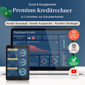 Könnte beinhalten: Ein digitaler Kreditrechner als Excel- und Google-Tabelle mit dem Titel Premium Kreditrechner. Die Benutzeroberfläche zeigt ein Dashboard Kredite mit Finanzdiagrammen, Schuldenfortschritt und Kreditverfolgungsmetriken auf Laptop und Tablet.