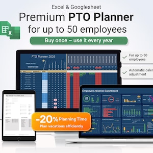 Könnte beinhalten: Eine digitale Grafik, die einen Premium PTO-Planer für bis zu 50 Mitarbeiter bewirbt. Das Bild zeigt einen Laptop, ein Tablet und ein Telefon, die die Benutzeroberfläche des Planers anzeigen. Der Text enthält "Einmal kaufen - jedes Jahr nutzen" und "-20% Planungszeit".