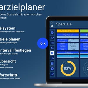 Pu&ograve; includere: Lo schermo di un laptop che mostra un'app di budgeting chiamata "Sparzielplaner" in tedesco. L'app presenta una barra di avanzamento che mostra l'83% di completamento per un obiettivo e il 50% di completamento per un altro obiettivo. L'app include anche una sezione per impostare obiettivi di risparmio, con opzioni per impostare una data di inizio, un importo obiettivo e una frequenza di pagamento.