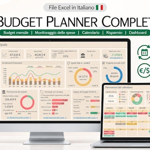 Könnte beinhalten: Ein digitaler Budgetplaner auf einem Computerbildschirm und einem Laptop. Die Benutzeroberfläche zeigt Diagramme, Grafiken und Finanzdaten mit Texten wie BUDGET PLANNER COMPLETO, Dashboard principale und Panoramica del calendario.