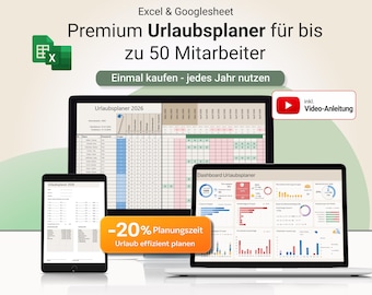 Urlaubsplaner Excel 2026 | Mitarbeiter Urlaubsplanung mit Dashboard, Feiertagen & Abwesenheiten | Personalplanung Vorlage