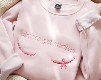 Moletom bordado "Cadelas com câncer de mama ganham pontos", camiseta de mastectomia, camiseta uniboober, camiseta com laço rosa, camiseta de combatente do câncer