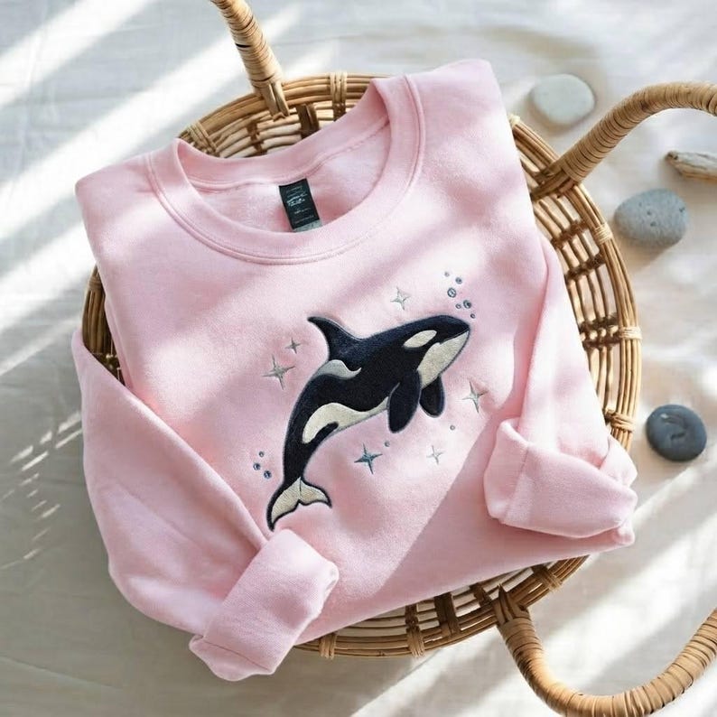 Embroidered Orca Whale Sweatshirt, Killer Whale Sweatshirt, Sea Creature Sweatshirt, Orca Sweatshirt Light Pink
