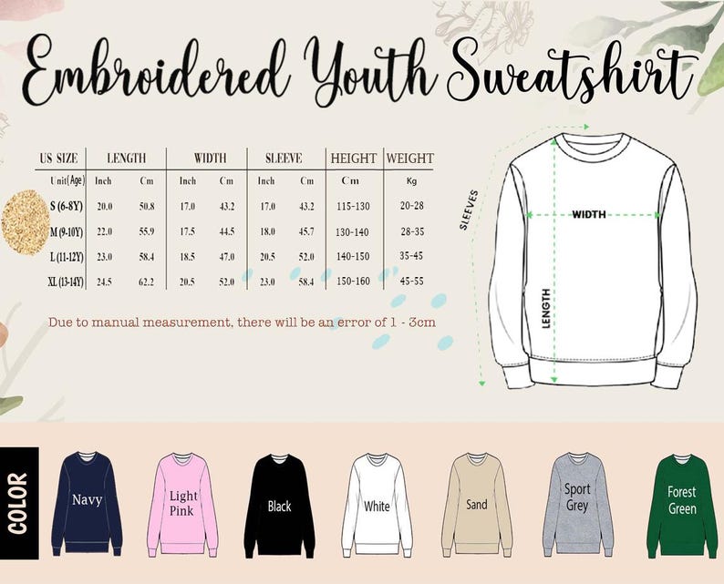 K&ouml;nnte beinhalten: Ein Bild, das ein besticktes Sweatshirt f&uuml;r Jugendliche mit einer Gr&ouml;&szlig;entabelle zeigt. Die Tabelle enth&auml;lt Ma&szlig;e in Zoll und Zentimetern f&uuml;r L&auml;nge, Breite und &Auml;rmel sowie H&ouml;he und Gewicht. Farboptionen sind Marineblau, Hellrosa, Schwarz, Wei&szlig;, Sand, Sportgrau und Waldgr&uuml;n.