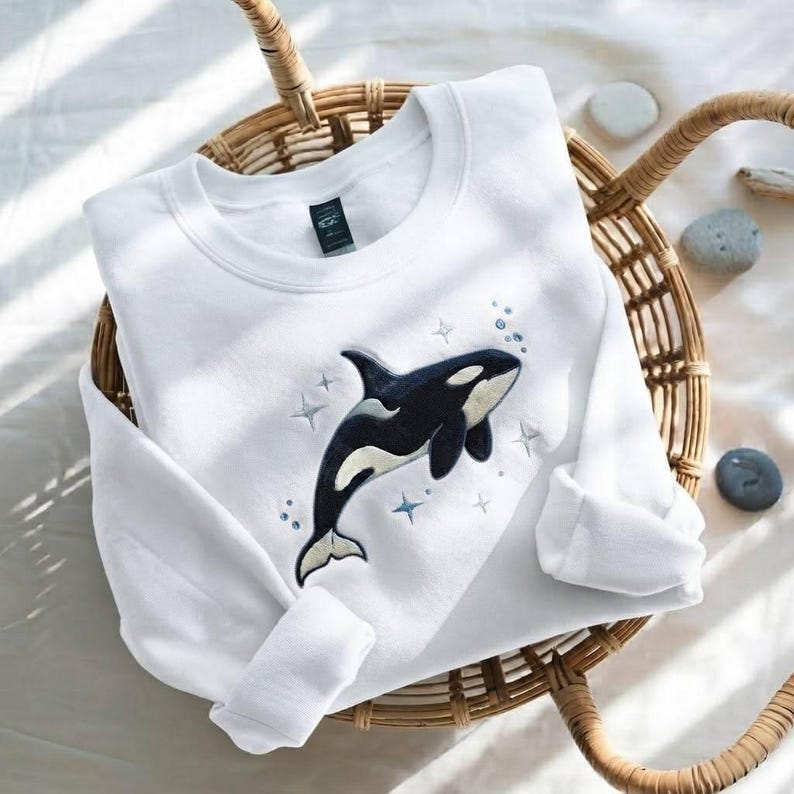 Embroidered Orca Whale Sweatshirt, Killer Whale Sweatshirt, Sea Creature Sweatshirt, Orca Sweatshirt White
