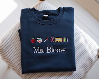 Personalized Teacher Embroidered Sweatshirt, Custom Teacher Sweatshirt, Apple Crayon Sweatshirt, Back to School Gift, Teacher Gift