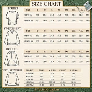 May include: A size chart for apparel featuring line drawings of a t-shirt, sweatshirt, hoodie, and youth sweatshirt. The chart displays width and length measurements in inches for adult sizes S through 5XL, and youth sizes S through XL with age ranges.