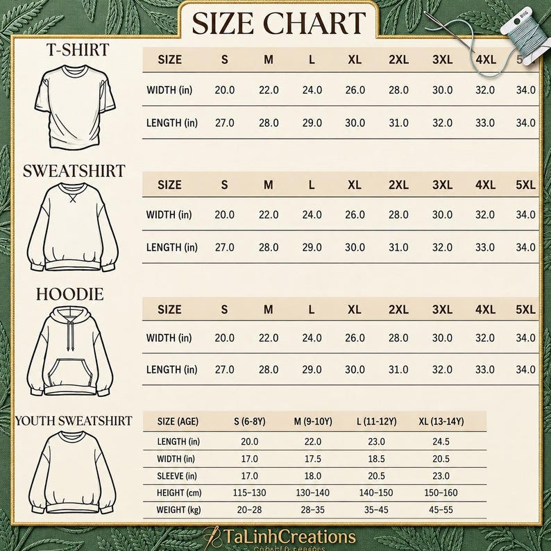 May include: A size chart for apparel featuring line drawings of a t-shirt, sweatshirt, hoodie, and youth sweatshirt. The chart displays width and length measurements in inches for adult sizes S through 5XL, and youth sizes S through XL with age ranges.