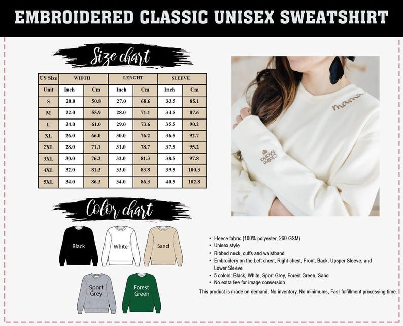 May include: A white unisex sweatshirt with a ribbed neck, cuffs, and waistband. The sweatshirt has embroidery on the left chest, right chest, front, back, upper sleeve, and lower sleeve. The embroidery says "mama". The sweatshirt is available in five colors: black, white, sport grey, forest green, and sand.