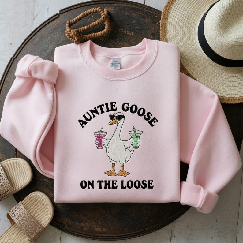 Bestickte Tante Gans auf der losen Sweatshirt, lustiges Gans Sweatshirt, Dumme Gans Tante Sweatshirt, Tante Sweatshirt, cooles Geschenk Tante Light Pink