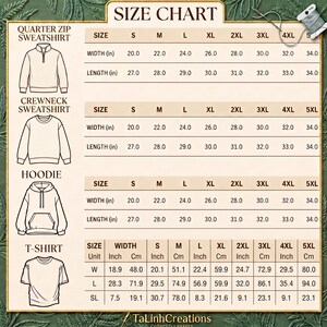 May include: A size chart for apparel featuring line drawings of a quarter zip sweatshirt, crewneck sweatshirt, hoodie, and t-shirt. The chart displays width and length measurements in inches for sizes S through 5XL, with t-shirt data in inches and cm.