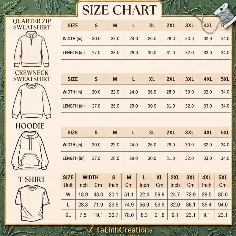 May include: A size chart for apparel featuring line drawings of a quarter zip sweatshirt, crewneck sweatshirt, hoodie, and t-shirt. The chart displays width and length measurements in inches for sizes S through 5XL, with t-shirt data in inches and cm.