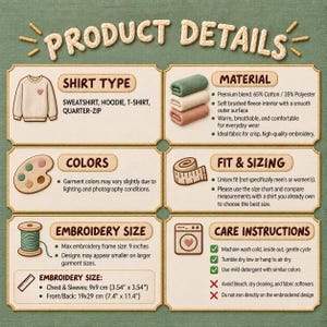 May include: An informational graphic titled PRODUCT DETAILS featuring sections on shirt types, material composition of 65% cotton and 35% polyester, color options, unisex fit, embroidery sizes including 9x9 cm and 19x29 cm, and care instructions.