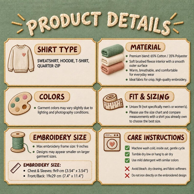 May include: An informational graphic titled PRODUCT DETAILS featuring sections on shirt types, material composition of 65% cotton and 35% polyester, color options, unisex fit, embroidery sizes including 9x9 cm and 19x29 cm, and care instructions.