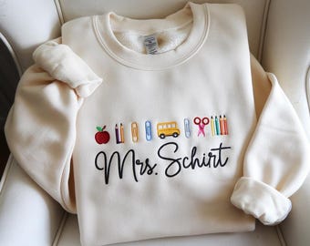 Gesticktes Lehrer-Icons-Sweatshirt, Geschenk für Lehrer, süßes Lehrer-Sweatshirt, Buntstift-Lehrer-Sweatshirt, zurück zu Schulgeschenk