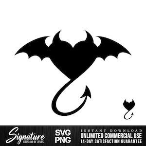 Puede incluir: Silueta negra de un corazón de diablo con cuernos, alas de murciélago y una cola con flecha. La imagen incluye el texto "Signature Download by James", "SVG PNG", y "INSTANT DOWNLOAD UNLIMITED COMMERCIAL USE 14-DAY SATISFACTION GUARANTEE".
