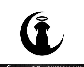 Dog Memorial SVG, Angel Dog Halo and Crescent Moon Silhouette, Pet Loss PNG Cut File, Unlimited Commercial Use