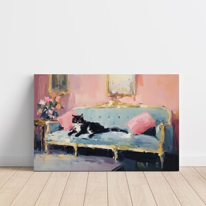 タキシード猫と赤ワインのアートプリント。ダイニングルームの壁飾りやバーへのギフトに最適。ワイン愛好家のための油絵風猫好きポスター。