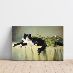 タキシード猫と赤ワインのアートプリント。ダイニングルームの壁飾りやバーへのギフトに最適。ワイン愛好家のための油絵風猫好きポスター。