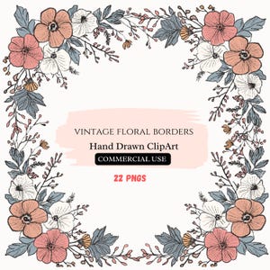 Vintage bloemen randen clipart, handgetekende bruiloft frames png, botanische bloemmotieven, elegante bloemen frame clipart, commercieel gebruik