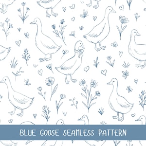 Oie bleue transparente motif PNG, papier numérique dessiné à la main oie, répétition des animaux de la ferme, Clipart oie mignon, motif canard vintage, chambre de bébé