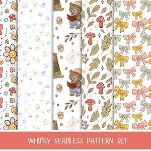 Ensemble de motifs fantaisie forestiers, papier numérique sans couture PNG, clipart champignon ours mignon, noeuds de chambre d'enfant, motifs automne dessinés à la main, PNG