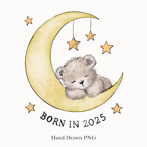 Vintage schlafender Bär Png, Baby-Kinderzimmer-Clipart, Mondsichel-Baby-PNG, Baby-Dusche-Clipart, Grußkarte Design, geboren 2025