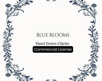 Hand Drawn Vintage Blue Blooms  Borders Clipart, Doodle Frames PNG, Invitation Border PNG, Vintage Floral Wedding Borders, Commercial Use