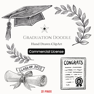 Clipart de Doodle de Graduação, Esboço Desenhado à Mão PNG, Clipart de Boné de Graduação, Doodle de Diploma PNG, Classe de 2025, Uso Comercial