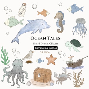 Unter den Meeres Kreaturen Clipart Png, Meerestiere Png, Wal Oktopus Schildkröte Qualle Png, Baby Dusche Kinderzimmer Png