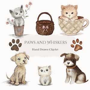 PNGs de cachorro e gato de estimação, clipart de esboço vintage fofo, PNGs de animais de estimação desenhados à mão, PNG de animais de estimação em aquarela, patas e bigodes, download digital