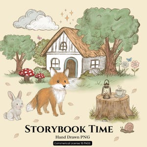 Verhalenboek illustratie clipart png, handgetekende bosdieren, Cottagecore-scène png, vintage bos-illustraties, kinderboek png-set