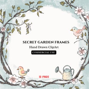 Ensemble PNG de cadres printaniers, Clipart cadre jardin secret, bordures florales dessinées à la main, cadre floral de jardin, PNG pour faire-part, usage Commercial