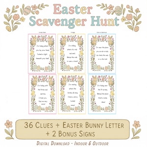 Búsqueda de huevos de Pascua para niños, pistas para la búsqueda del tesoro en interiores y exteriores, pistas para el tesoro de Pascua, búsqueda de huevos de conejo, juego de actividades imprimible para niños