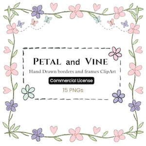 Floral frame clipart, handgetekende rand png, pastel wijnstok frame png, bloemblaadje krans png, schattig dagboek frame png, botanische grens, commercieel