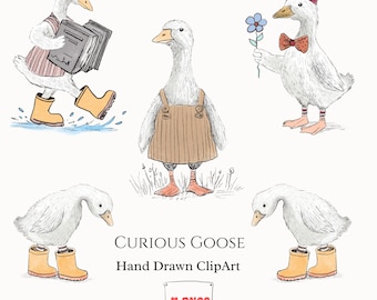 Whimsical Silly Goose Clipart Set, Watercolor Hand Drawn Farm Animal PNGs,Vintage Nursery Illustration,Baby Shower Digital Download