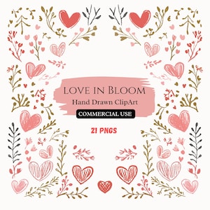 Herz Clipart-Set, Liebe Rahmen Png, handgezeichnete PNGs, Vintage Blumenblütenmotive, romantische Clipart, kommerzielle Nutzung