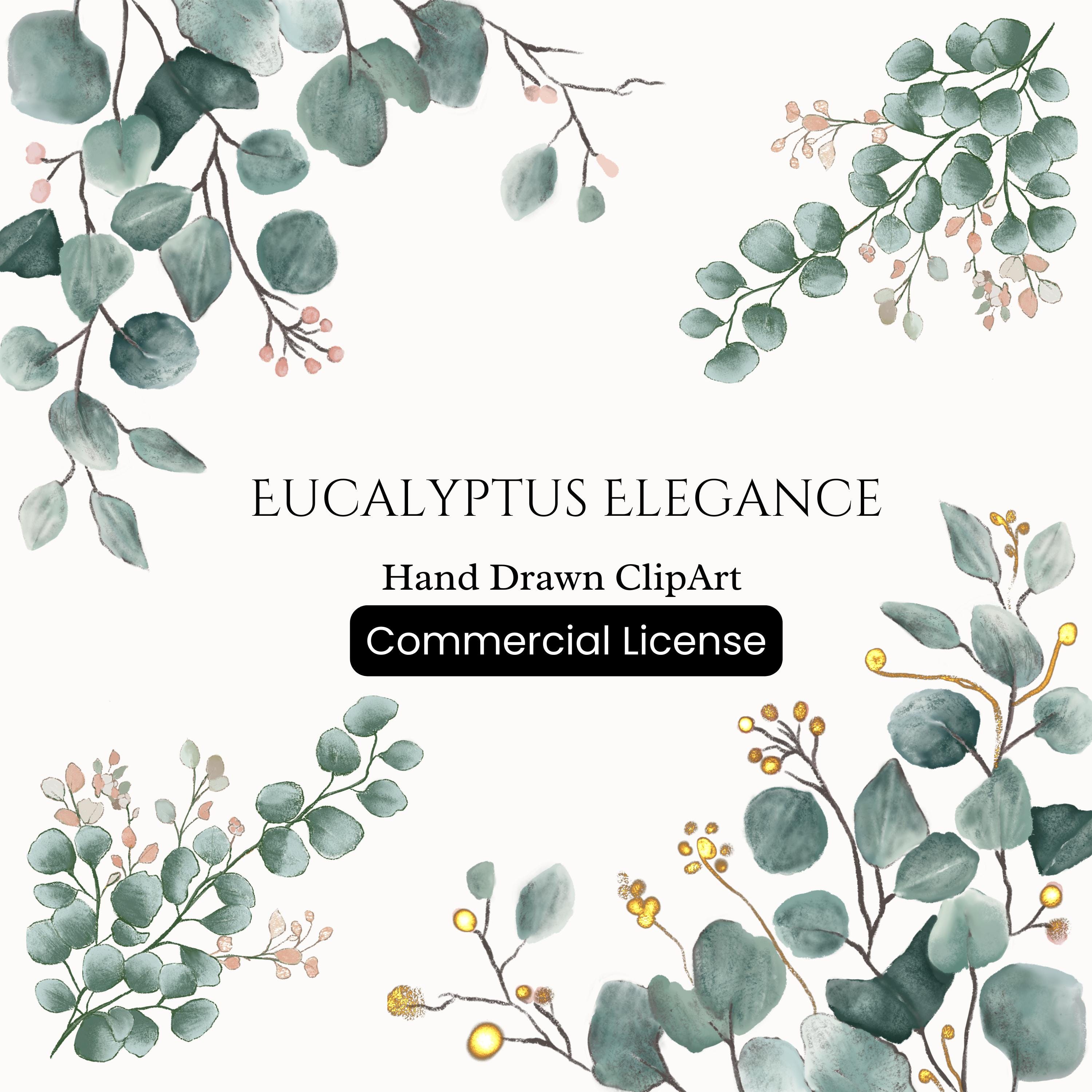 Eucalyptus Clipart PNG, Watercolor Floral Clipart, Greenery Wedding Clipart, Botanical Frame Elements, Invitation Border PNG, Commercial Use