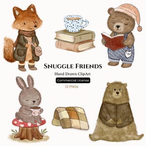 Ensemble de cliparts animaux de la forêt, ours, renard, lapin, thé, livre, couverture, art pour chambre d'enfant automne, animaux de la forêt douillets, clipart chambre d'enfant pour baby shower