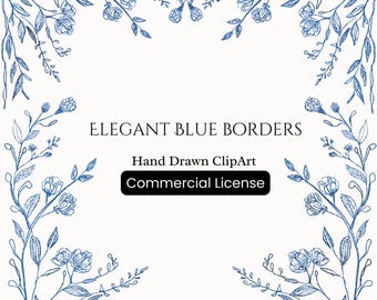 Clipart de bordures bleues vintage dessinés à la main, Doodle cadres PNG, Invitation bordure PNG, bordures de mariage floral vintage, usage Commercial